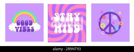 Vector abstract retro 60s, 70s hippie aesthetic backgrounds set with groovy flowers, peace sign, rainbow, inspirational lettering phrases. Vintage ill Stock Vector