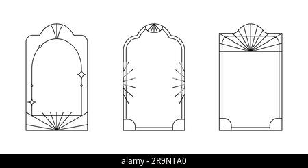 Vector set of linear minimalistic aesthetic frames and borders with stars. Rectangular, arch modern geometric shapes in art deco style with sparkles f Stock Vector