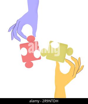 Vector illustration of cartoon human hands holding puzzle pieces with trendy grain textured shadow. Concept of teamwork, research, cooperation, busine Stock Vector