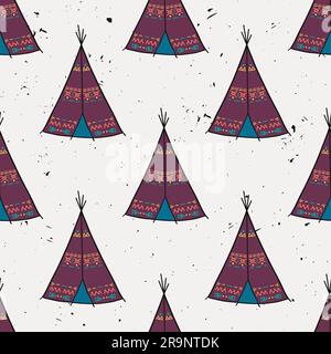 Vector seamless pattern of American Indian tipi home with tribal ornament. Colorful tepee wigwam in boho style. Stock Vector