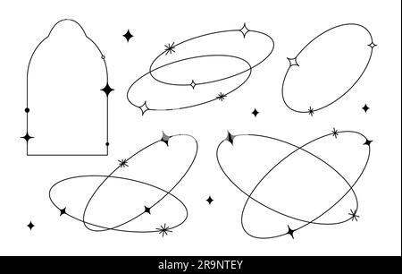 Vector set of linear minimalistic aesthetic frames and borders with stars. Round, oval and arch modern geometric shapes with sparkles for social media Stock Vector