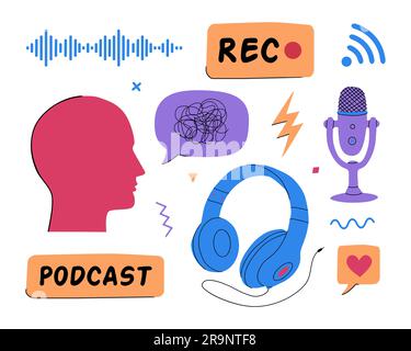 Vector set with podcast elements in doodle cartoon style isolated on white background. Hand drawn microphone, human head, headphones, speech bubbles f Stock Vector