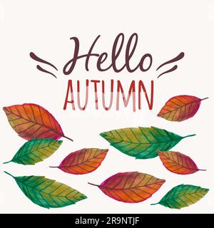Vector illustration with autumn leaves and typography text "Hello Autumn" Stock Vector