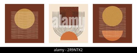 Vector set of abstract boho minimal geometric design posters.  Trendy template creative cards with primitive shape compositions for wall decoration, p Stock Vector