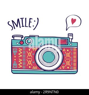 Vector illustration with cute retro photo camera, typography phrase "Smile" with speech bubble and heart. Modern design Stock Vector