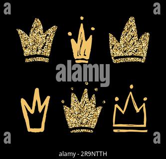 Vector set of abstract golden silhouettes of crowns. Hand drawn grunge icons isolated Stock Vector