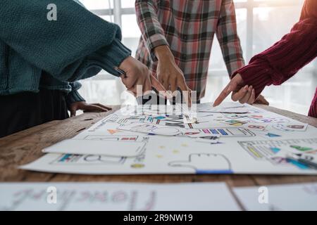 UX developer and ui designer brainstorming about mobile app interface wireframe design at modern office Stock Photo