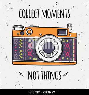 Vector illustration with retro photo camera and typography phrase "Collect moments not things". Stock Vector