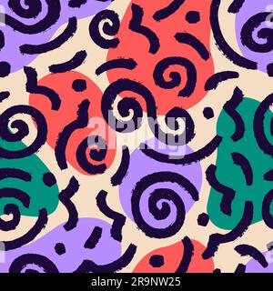 Vector seamless pattern with hand drawn black paint brush strokes. Abstract chaotic circles, curved, wavy lines and dots, decorative messy doodles Stock Vector