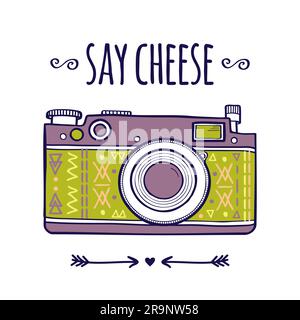 Vector illustration with cute retro photo camera and typography phrase "Say cheese" Stock Vector