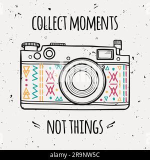 Vector illustration with retro photo camera and typography phrase "Collect moments not things". Stock Vector