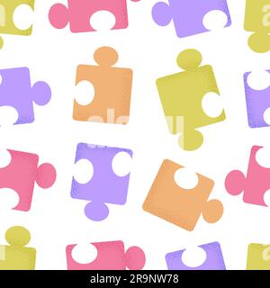 Vector seamless pattern of cartoon puzzle pieces with trendy grain textured shadow. Trendy background with geometric jigsaw elements, mosaic parts. Fu Stock Vector