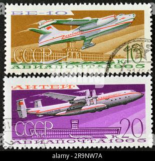 Cancelled postage stamps printed by Soviet Union, that show Airplanes, circa 1965. Stock Photo