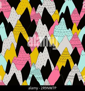Vector seamless pattern with decorative mountains in scandinavian style with ethnic hand drawn ornaments. Stock Vector