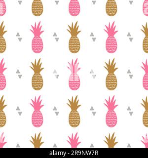 Vector seamless pattern with pineapples and triangles. Cute summer fruit background. Stock Vector