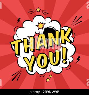 Vector colorful pop art illustration with Thank you text. Decorative template with cloud and bomb explosion in modern comics style. Stock Vector