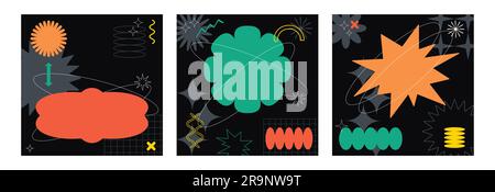 Vector set of trendy abstract retrowave, futuristic and Y2k style card illustrations with memphis geometric shapes. Retro 90s Pop Art Backgrounds for Stock Vector
