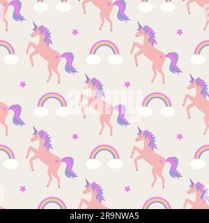 Vector cute seamless pattern with unicorns, rainbows and stars Stock Vector