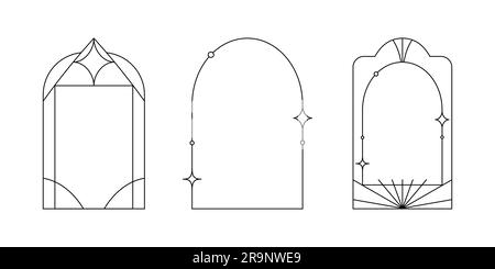 Vector set of linear minimalistic aesthetic frames and borders with stars. Rectangular, arch modern geometric shapes in art deco style with sparkles f Stock Vector