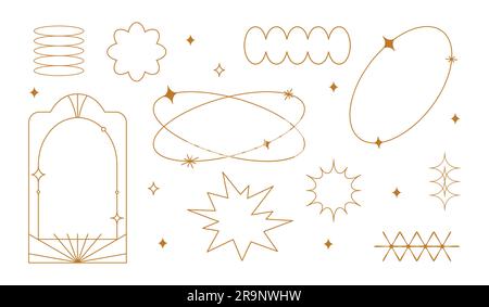 Vector set of linear minimalistic aesthetic frames, borders, geometric shapes with stars in boho and funky 2yk style. Rectangular, arch elements for s Stock Vector