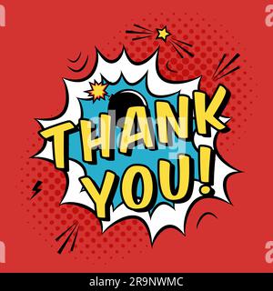 Vector colorful pop art illustration with Thank you text. Decorative template with cloud and bomb explosion in modern comics style. Stock Vector