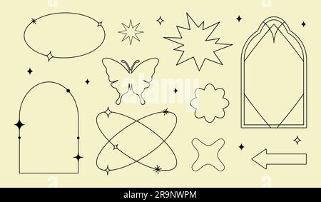 Vector set of linear minimalistic aesthetic frames, borders, geometric shapes with stars in boho and funky 2yk style. Rectangular, arch elements for s Stock Vector