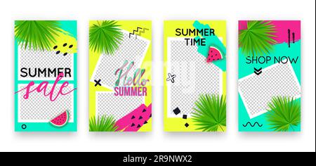 Vector trendy tropic editable set of templates for social media networks stories. Modern summer design backgrounds with watermelon and palm leaves for Stock Vector