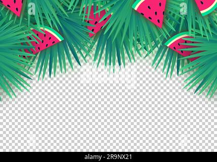Vector Summer palm leaves with watermelon slices on transparent background. Trendy tropical frame Stock Vector