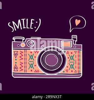 Vector illustration with cute retro photo camera, typography phrase "Smile" with speech bubble and heart. Modern design Stock Vector