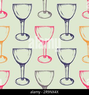 Vector colorful seamless pattern with wine glasses. Hand drawn style. Stock Vector