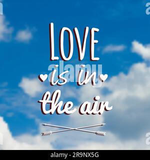 Vector blurred illustration with clouds, blue sky and text "Love is in the air" Stock Vector
