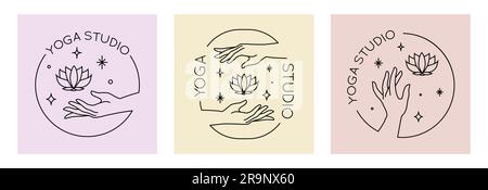 Vector set of abstract trendy linear logo with hands holding lotus flower and stars. Yoga emblem, label or icon isolated on white background Stock Vector