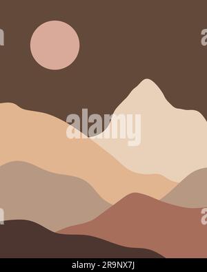 Vector abstract contemporary aesthetic night background landscape with mountains, sunset. Boho wall print decor in flat style. Mid century modern mini Stock Vector