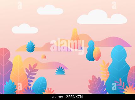 Vector trendy fantasy background with plants. Modern illustration with trees, leaves. Flat design with gradient colours Stock Vector