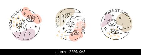 Vector set of abstract trendy linear logo with hands holding lotus flower and stars. Yoga emblem, label or icon isolated on white background Stock Vector