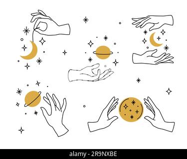 Vector set of female hand logos, icons in minimal linear style. Emblem design templates with hand gestures, moon, stars and planet for cosmetics, mani Stock Vector