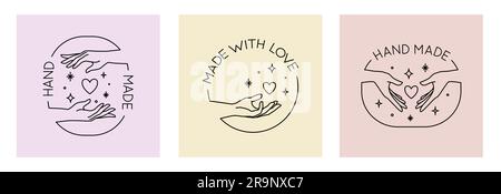 Vector set with trendy hand made labels and badges in linear modern style. Collection of emblems with gestures - hand made, made with love, donate con Stock Vector