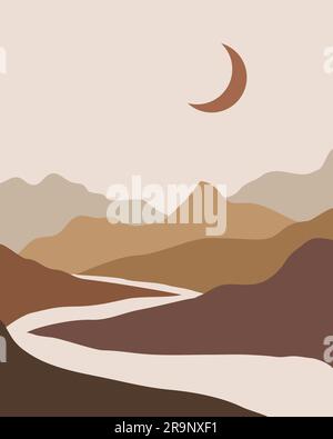 Vector abstract contemporary aesthetic background landscape with mountains, road, moon. Boho wall print decor in flat style. Mid century modern minima Stock Vector