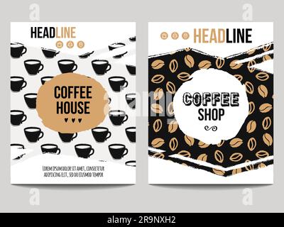 Vector set of modern posters with coffee backgrounds. Trendy hipster templates with coffee beans and cups patterns for flyers, banners, invitations, r Stock Vector