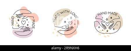 Vector set with trendy hand made labels and badges in linear modern style. Collection of emblems with gestures - hand made, made with love, donate con Stock Vector