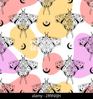 Vector magic celestial seamless pattern with moon, stars and mystic moths. Boho abstract esoteric background with butterflies for fashion, fabric, tex Stock Vector