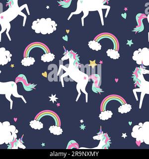 Vector cute seamless pattern with unicorns, rainbows and clouds Stock Vector