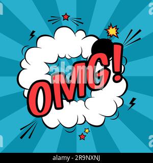 Vector colorful pop art illustration with OMG text. Decorative template with cloud and bomb explosion in modern comics style. Stock Vector