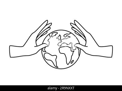 Vector linear icon - human hand holding Earth isolated on white background. Concept emblem or logo design of ecology, nature world protection, eco fri Stock Vector