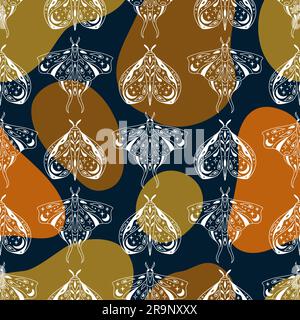 Vector magic celestial seamless pattern with moon, stars and mystic moths. Boho abstract esoteric background with butterflies for fashion, fabric, tex Stock Vector