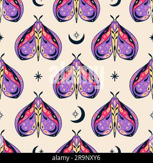 Vector magic celestial seamless pattern with moon, stars and mystic moths. Boho abstract esoteric background with butterflies for fashion, fabric, tex Stock Vector