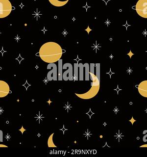 Vector modern hand drawn vector seamless pattern of planets, moon, stars. Universe line drawings background. Trendy space signs in linear style Stock Vector