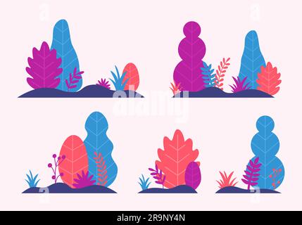 Vector set with trees, leaves, grass in trendy flat style design. Fantasy autumn nature plants template for banner, card, poster, print Stock Vector