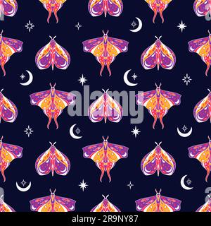 Vector magic celestial seamless pattern with moon, stars and mystic moths. Boho abstract esoteric background with butterflies for fashion, fabric, tex Stock Vector