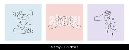 Vector set of female hand logos, icons in minimal linear style. Emblem design templates with hand gestures, moon, stars and planet for cosmetics, mani Stock Vector